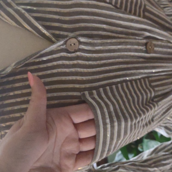 Size LG long sleeve adjustble cuff metallic button down midi dress grey/gold/sil - Picture 6 of 11